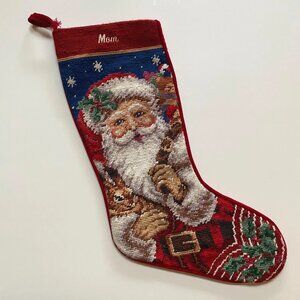 Vintage Needlepoint Christmas Stocking Santa and Bunny Xmas Holiday Decor